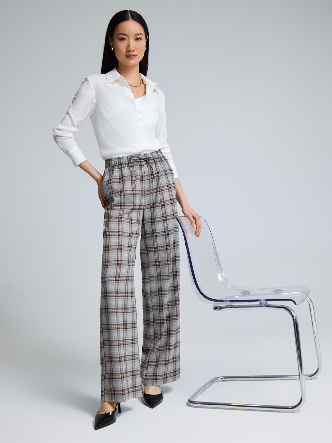 Wide-Leg Plaid Pants