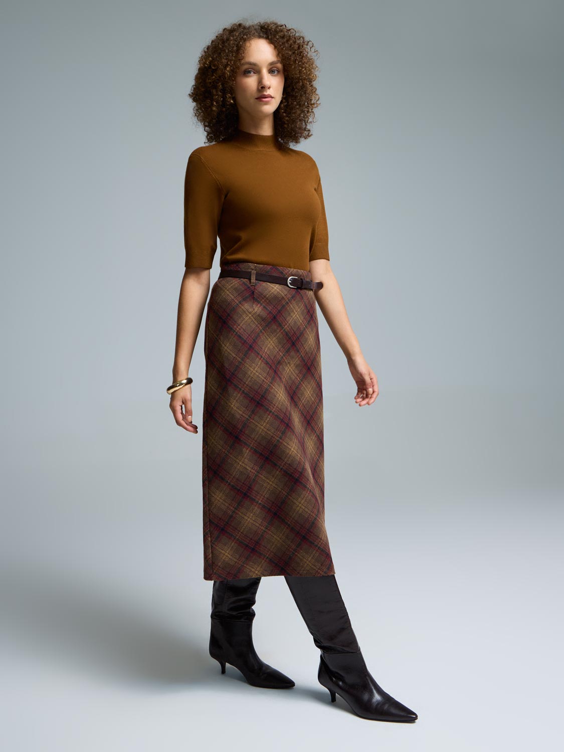 Belted Plaid Midi Skirt