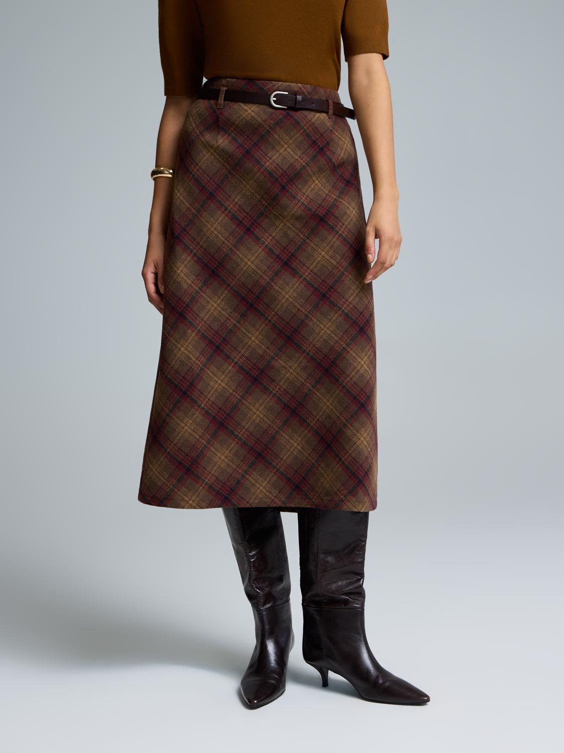 Belted Plaid Midi Skirt
