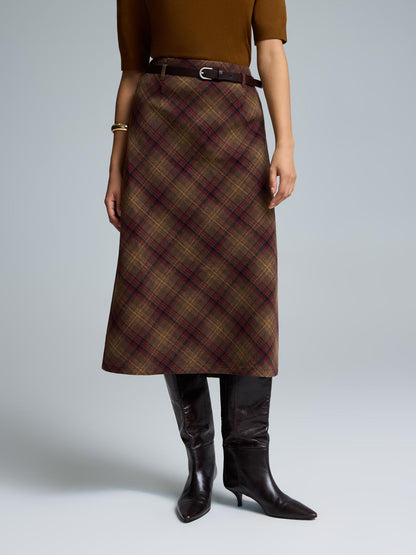 Belted Plaid Midi Skirt