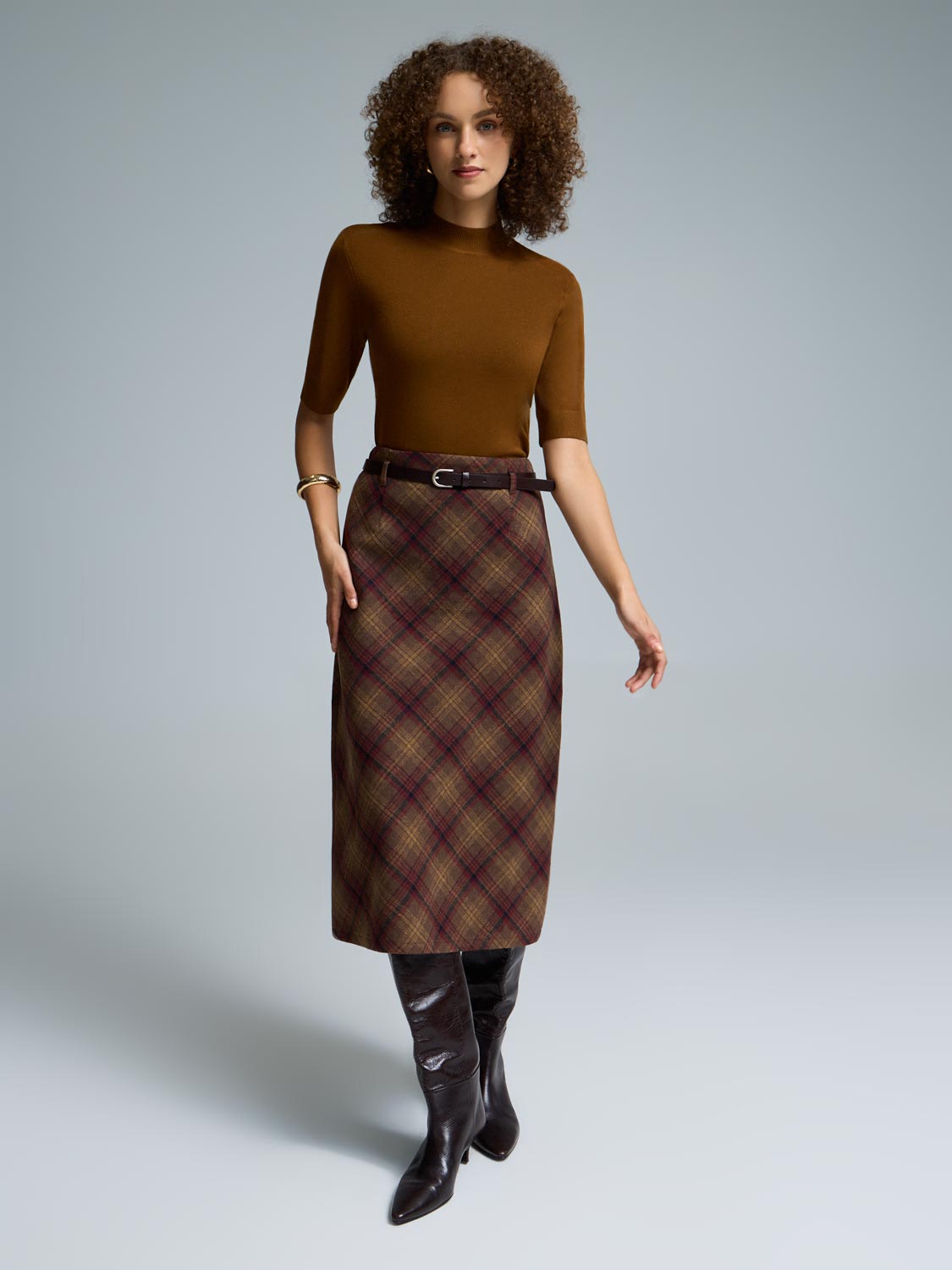 Belted Plaid Midi Skirt