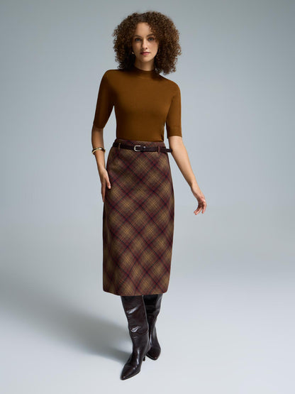 Belted Plaid Midi Skirt