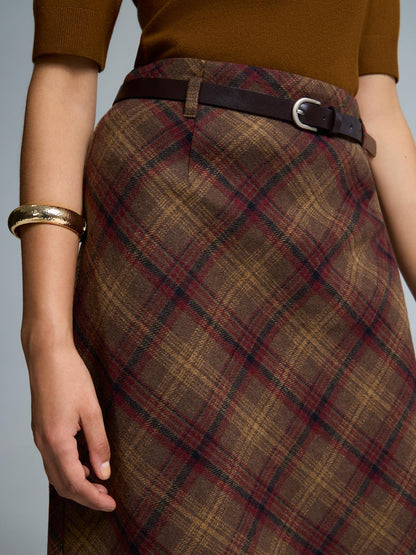 Belted Plaid Midi Skirt
