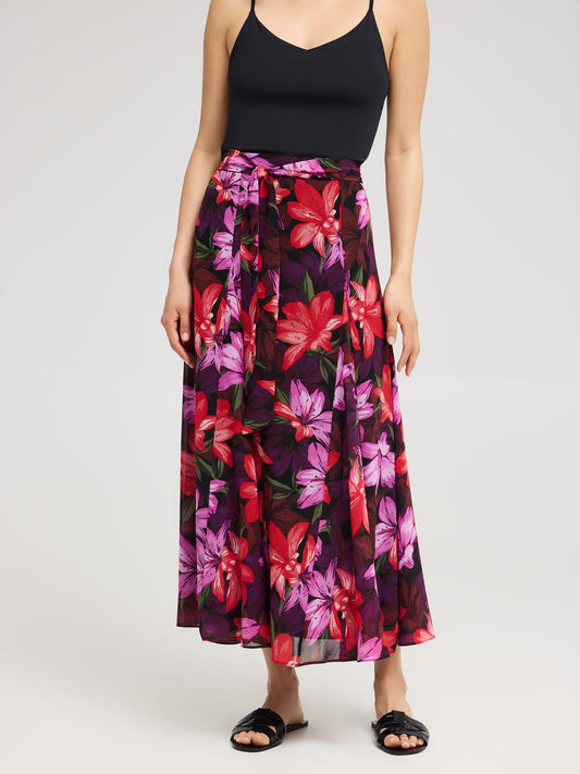 Floral Chiffon Long Skirt With Front Sash