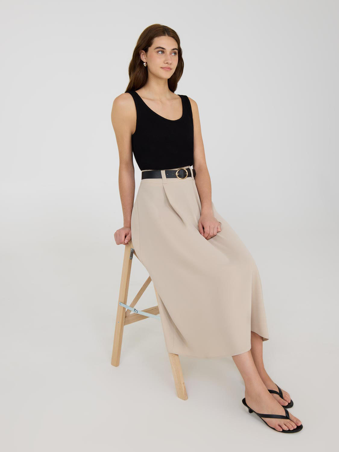 Belted A-Line Satin Skirt