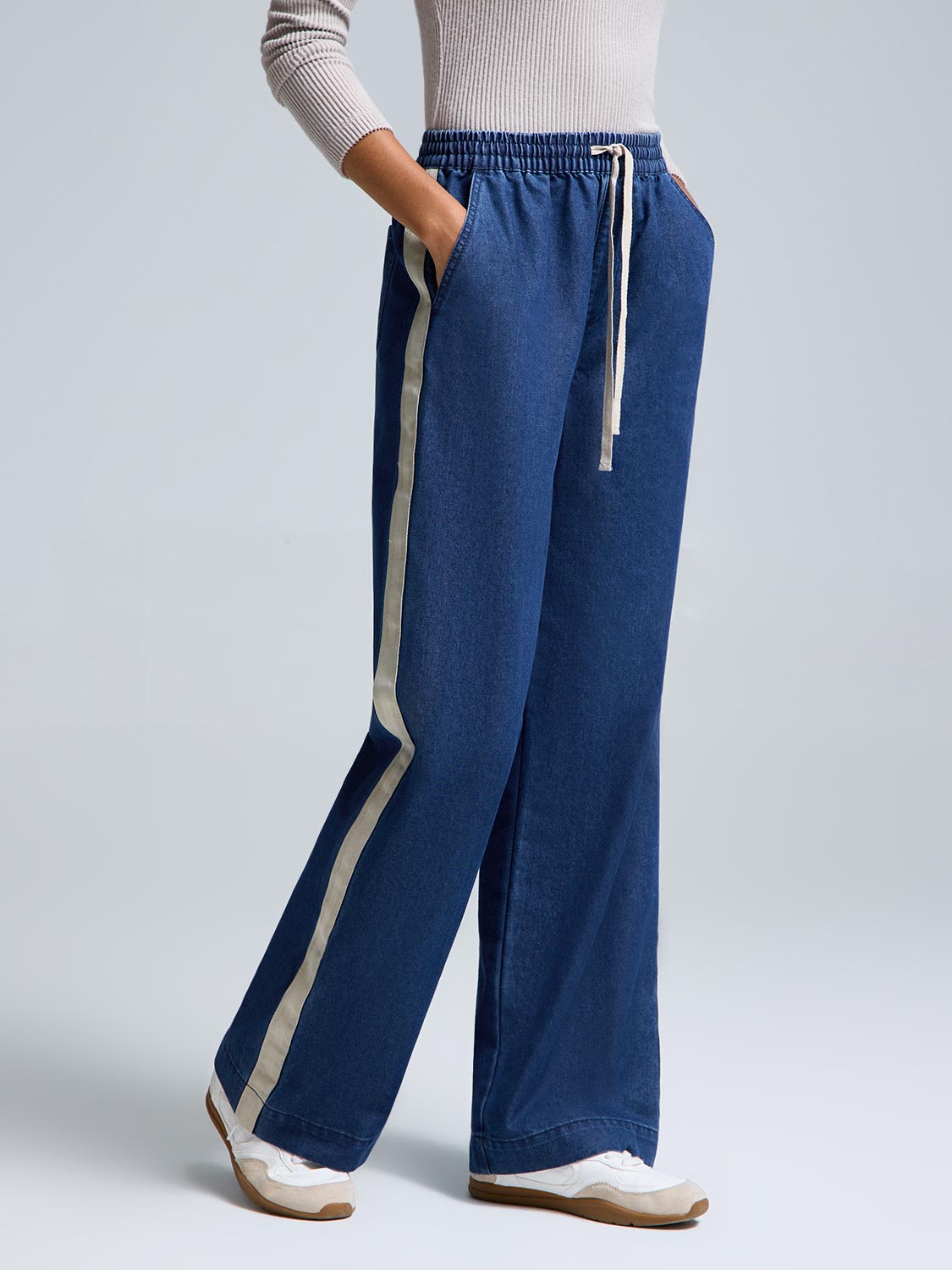 Drawstring Wide-Leg Denim Pants
