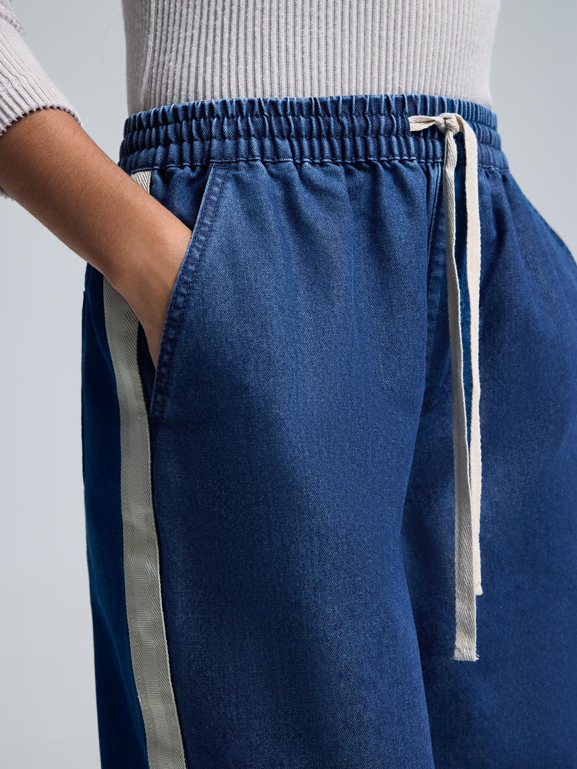 Drawstring Wide-Leg Denim Pants