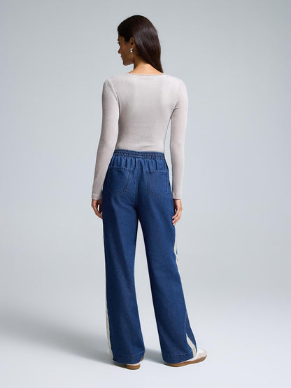 Drawstring Wide-Leg Denim Pants