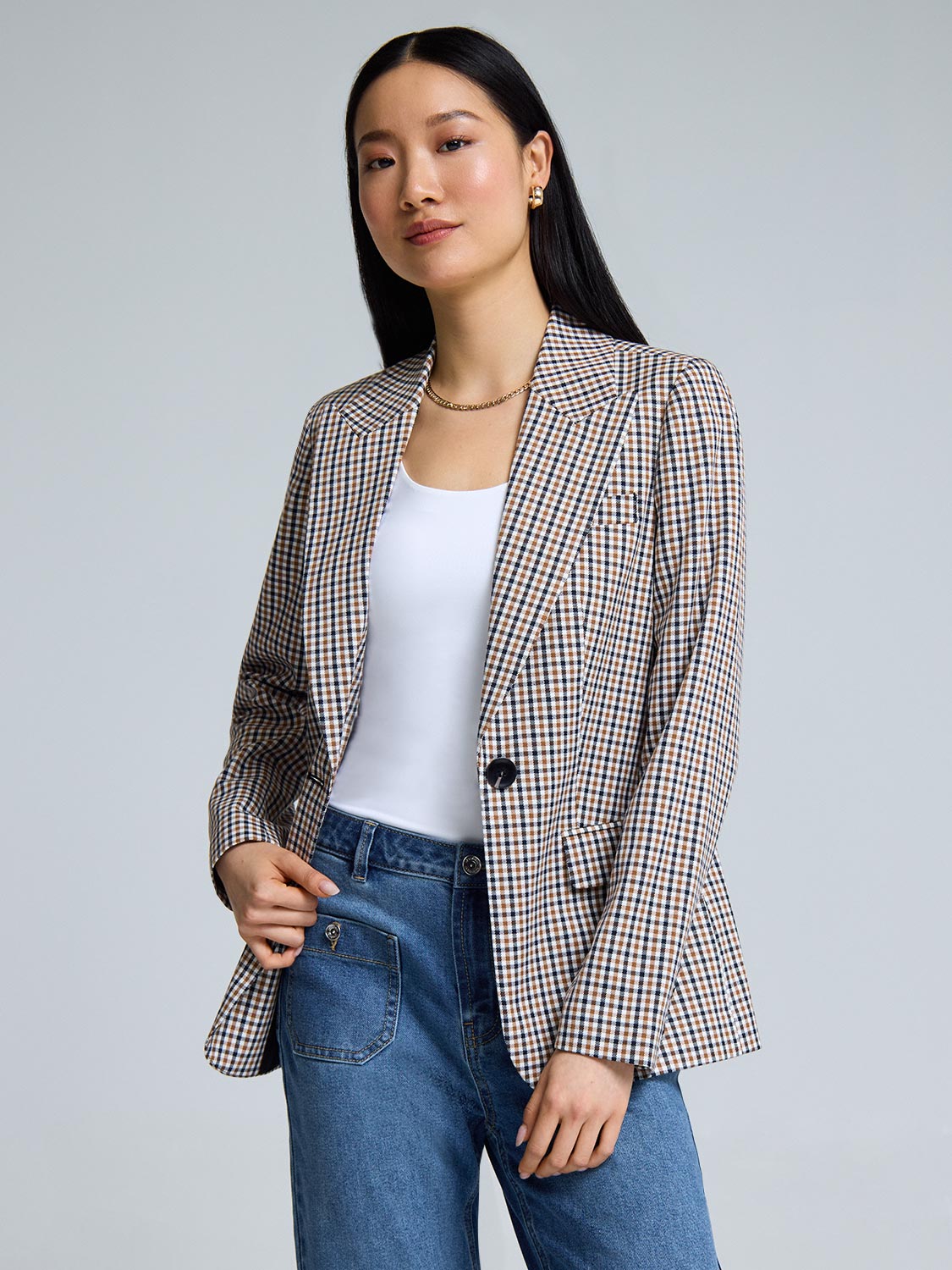 1-Button Plaid Blazer