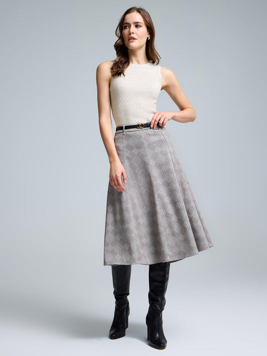 Belted Plaid Midi Skirt