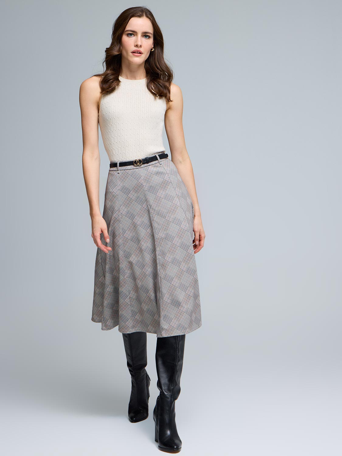 Belted Plaid Midi Skirt