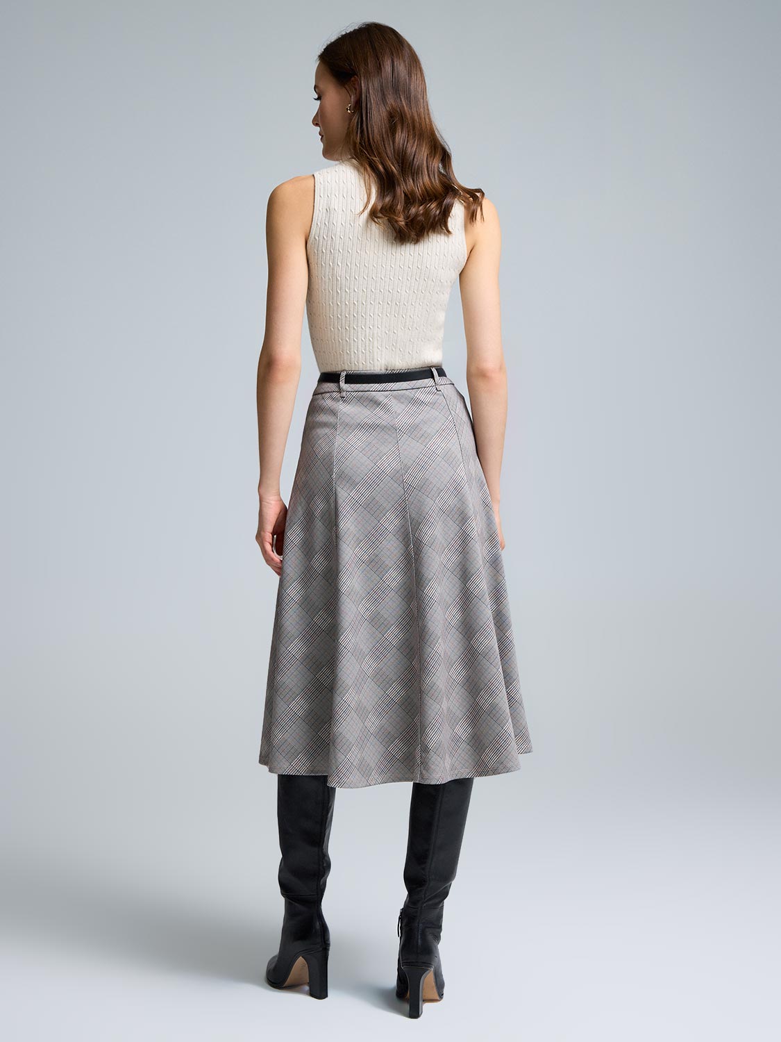 Belted Plaid Midi Skirt