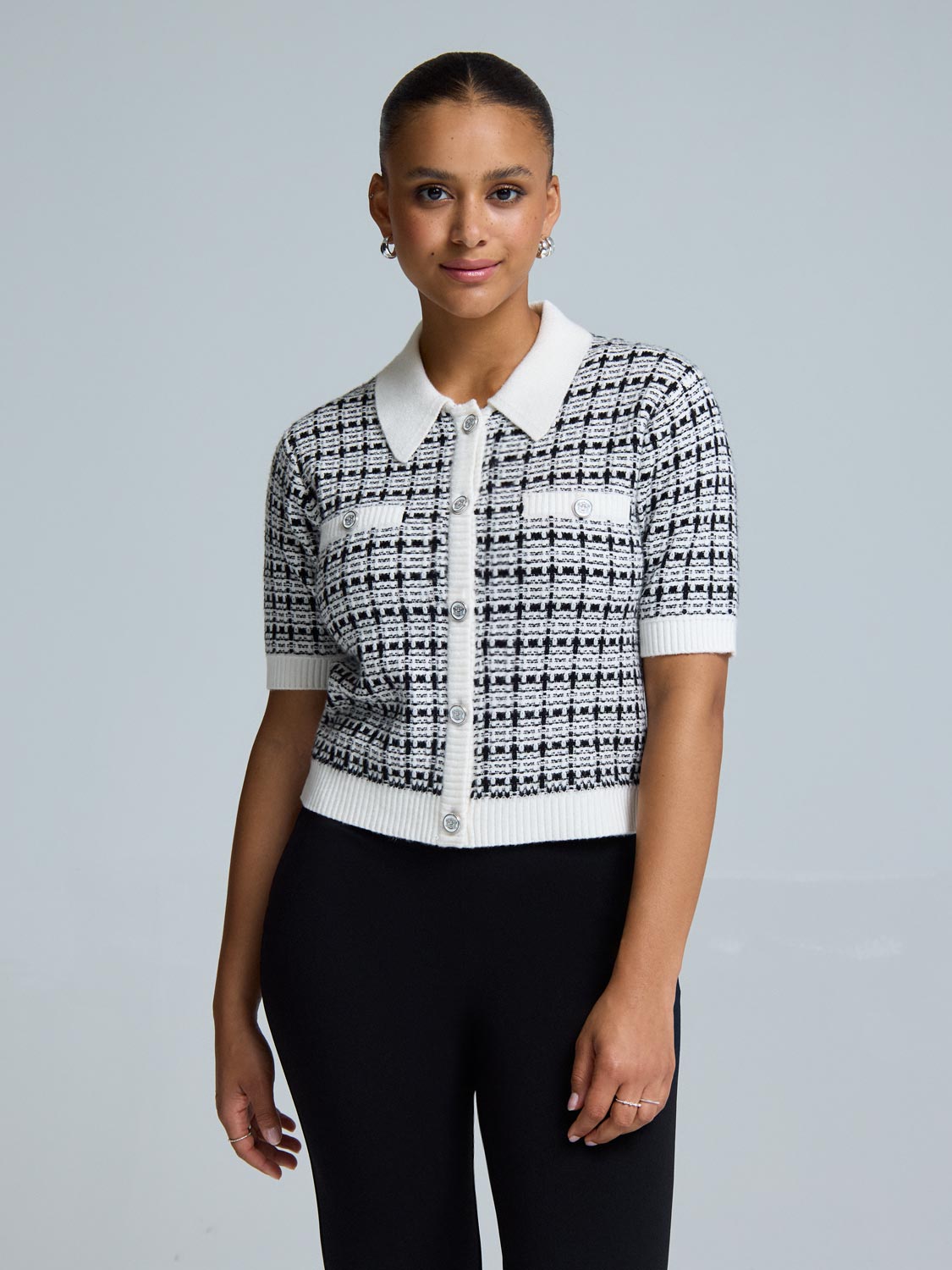 Short Sleeve Button-Up Bouclé Sweater