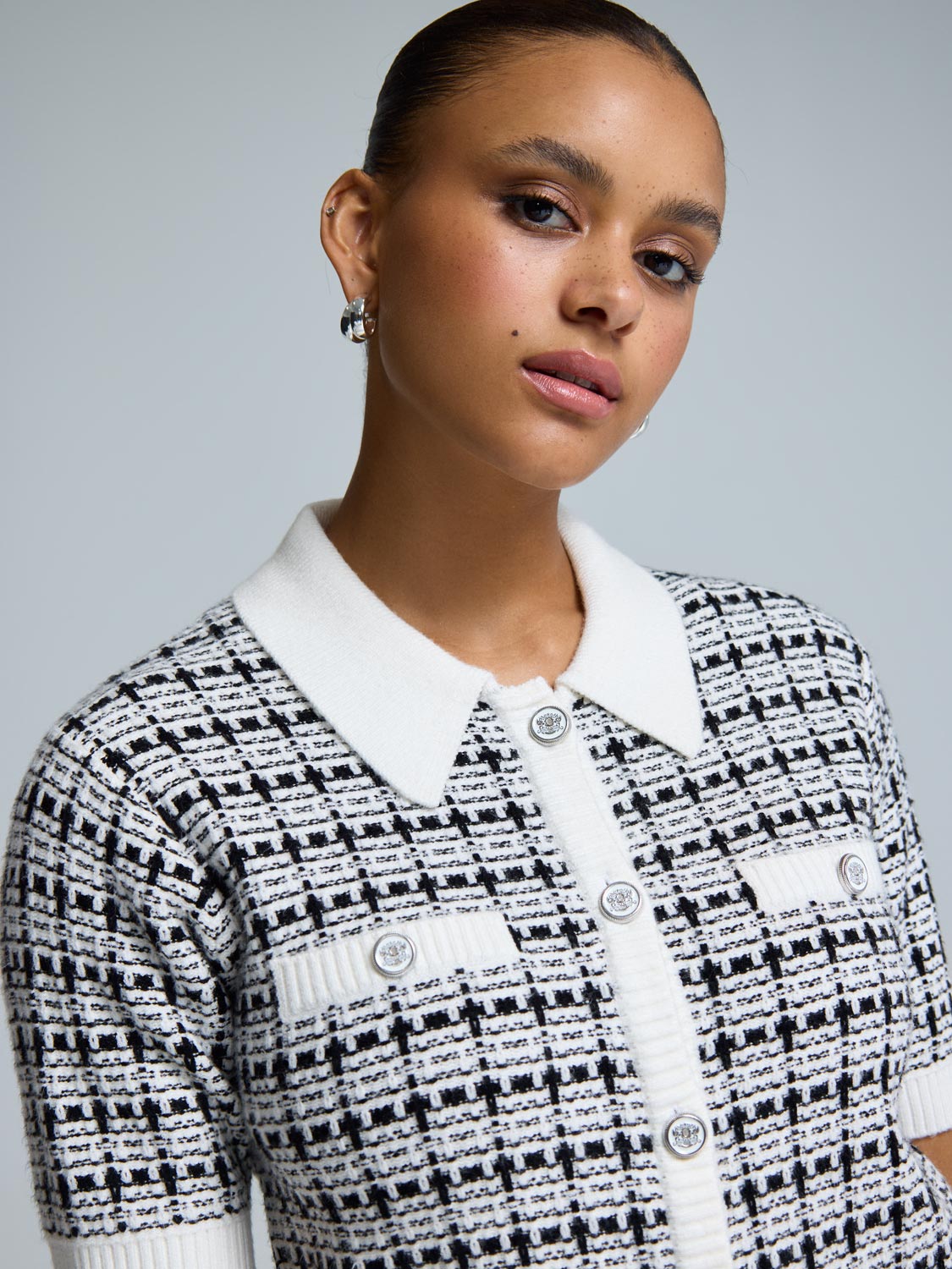 Short Sleeve Button-Up Bouclé Sweater