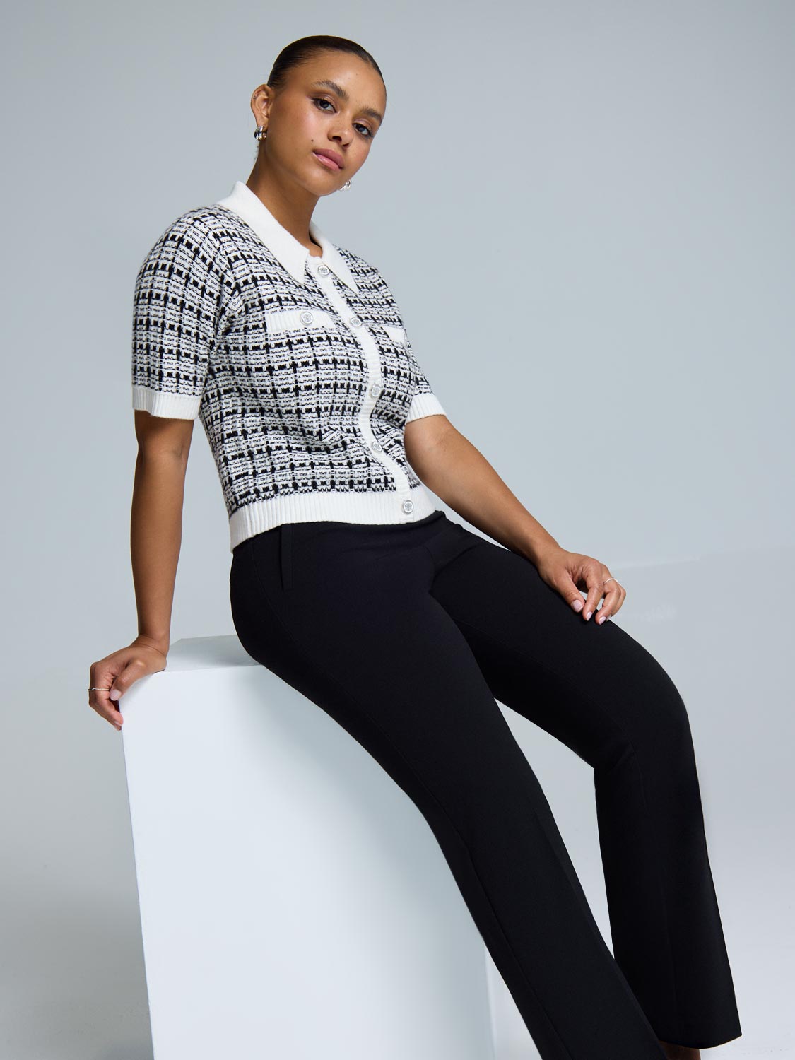 Short Sleeve Button-Up Bouclé Sweater