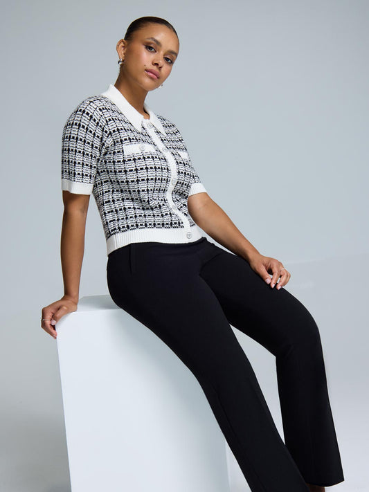 Short Sleeve Button-Up Bouclé Sweater