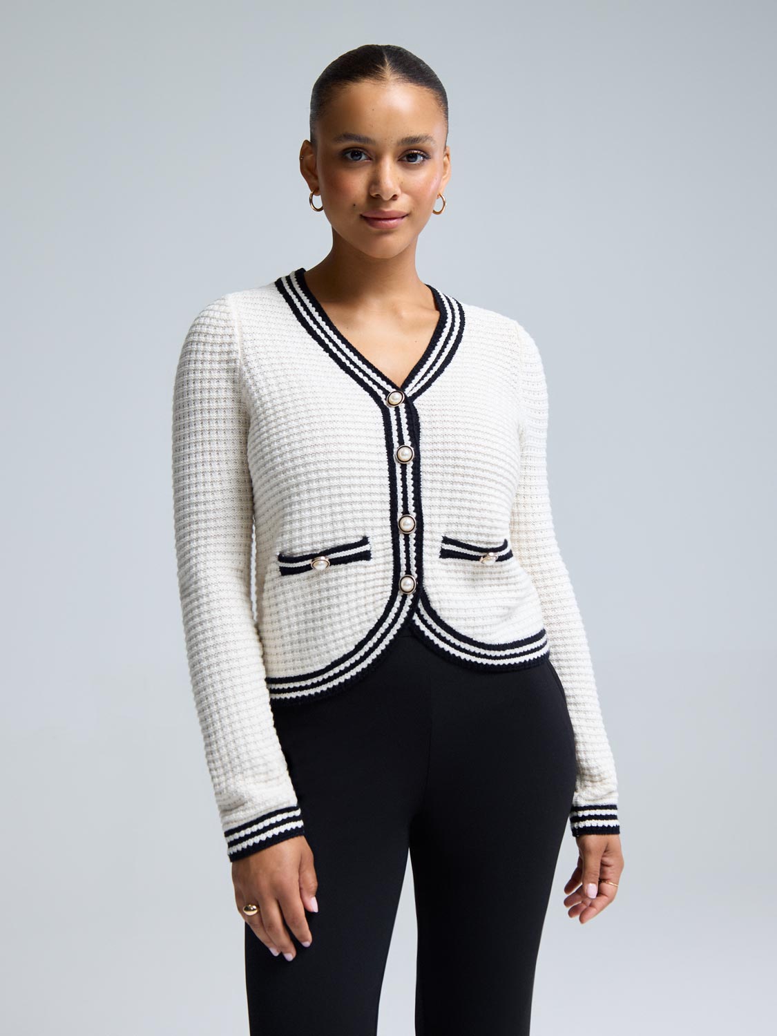 Contrast Trim V-Neck Ribbed Cardigan