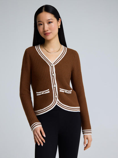 Contrast Trim V-Neck Ribbed Cardigan