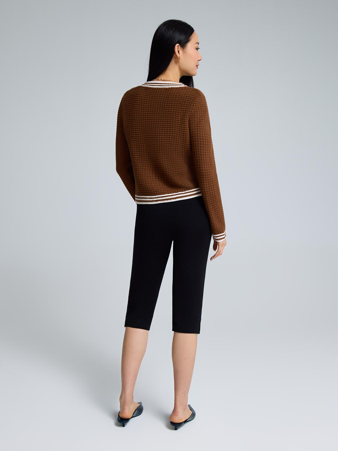 Contrast Trim V-Neck Ribbed Cardigan