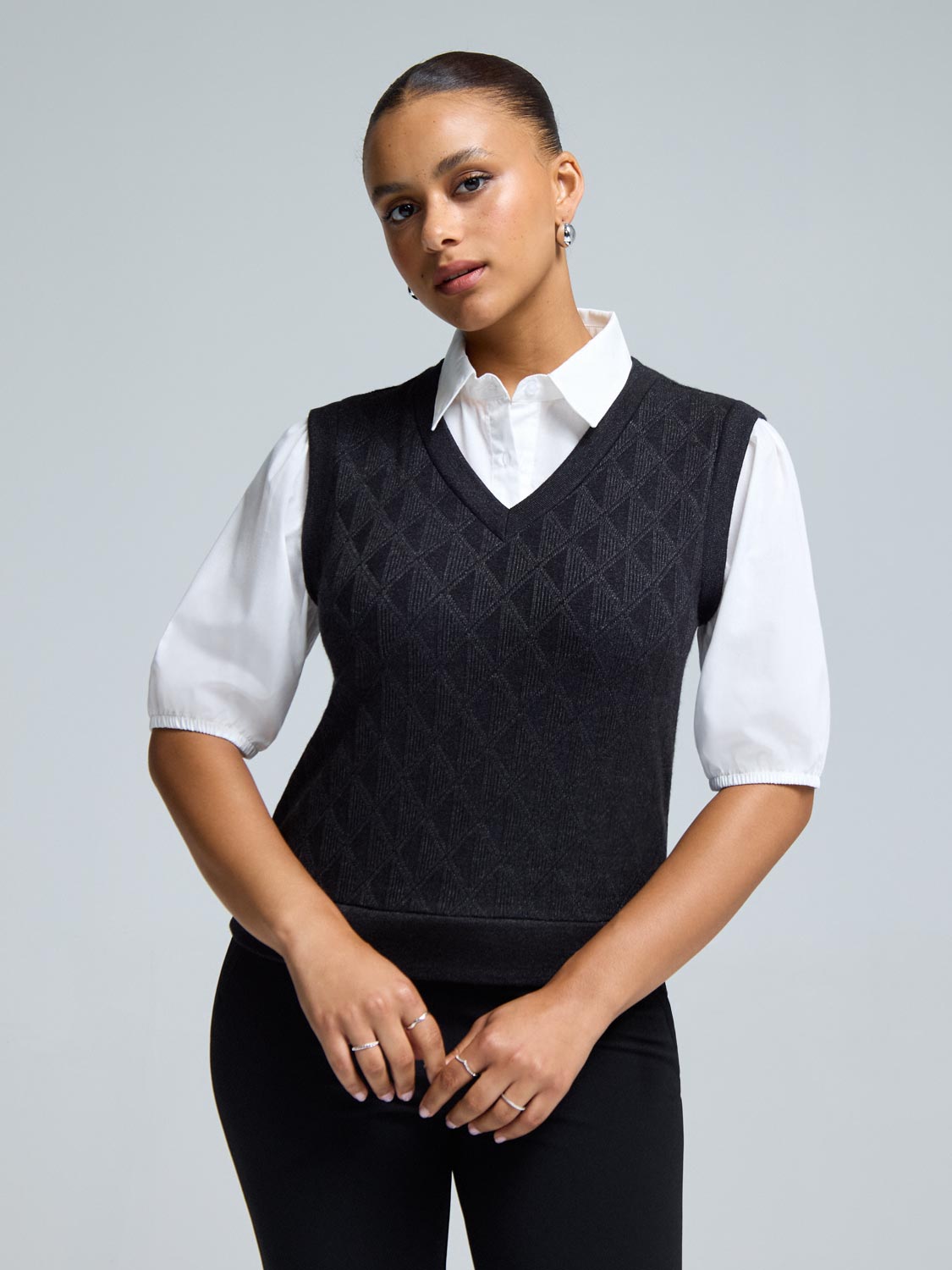 2-Fer Jacquard Knit With Poplin Blouse