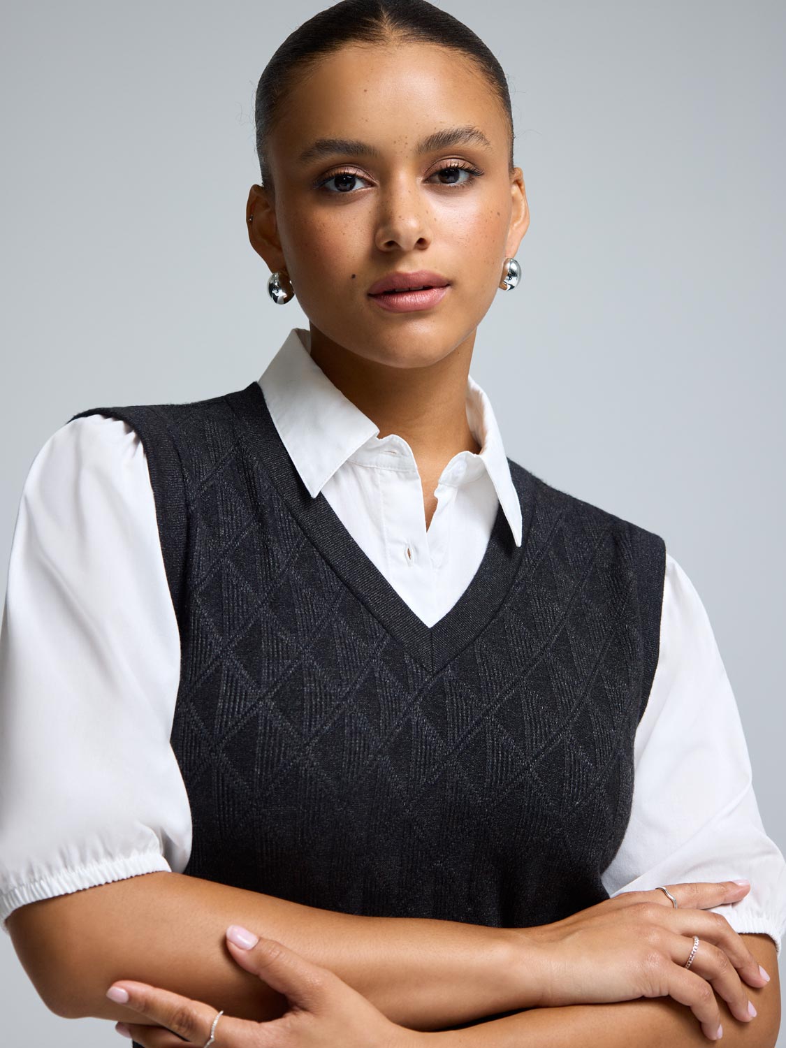 2-Fer Jacquard Knit With Poplin Blouse