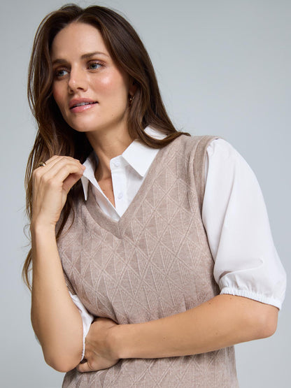 2-Fer Jacquard Knit With Poplin Blouse