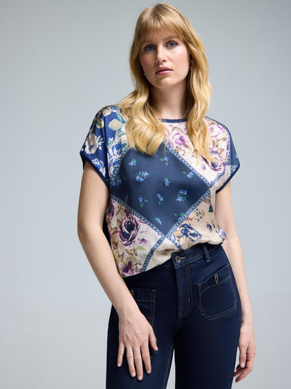 Satin Patchwork Crew Neck Top