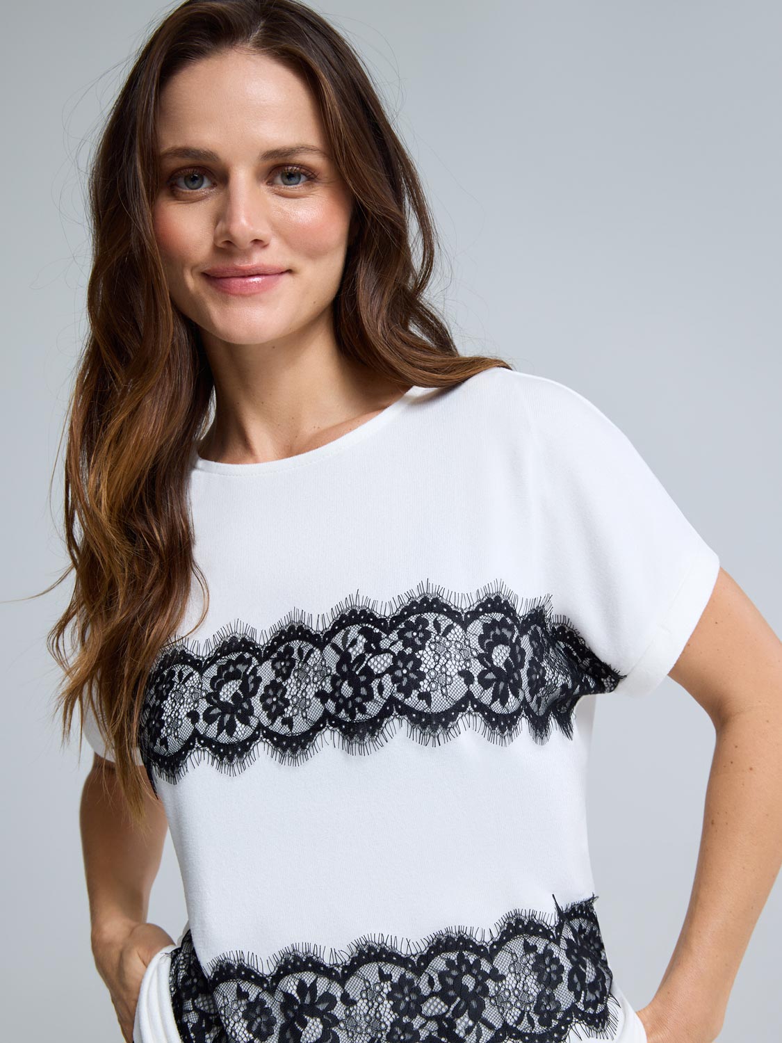 Cuffed Sleeve Lace Appliqué Top