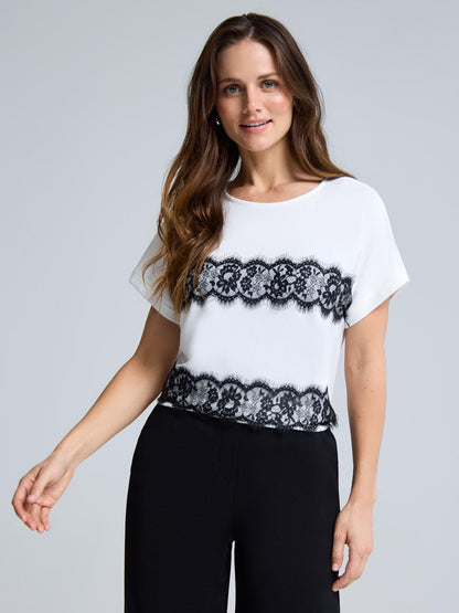 Cuffed Sleeve Lace Appliqué Top