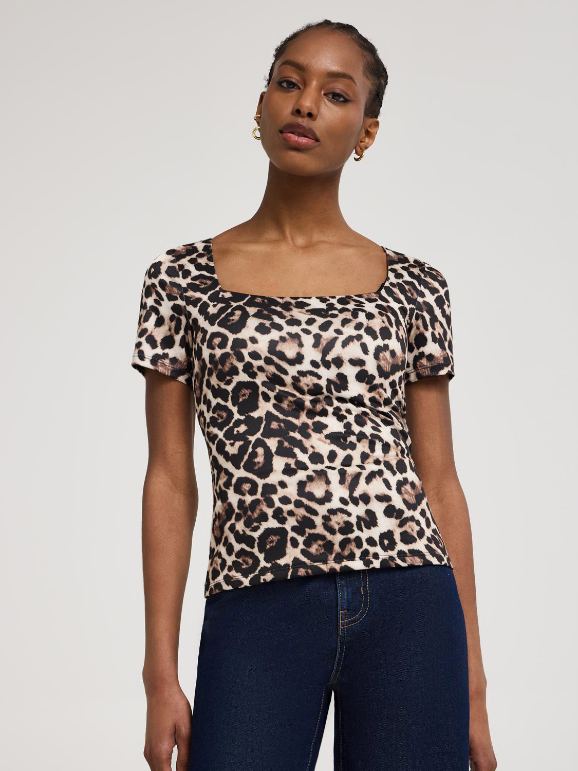 Double Layer Animal Print Square Neck T-Shirt