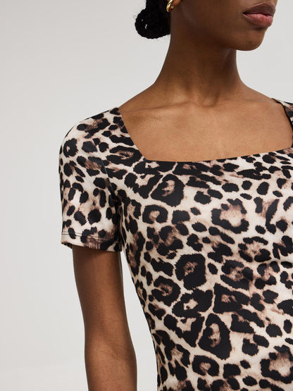 Double Layer Animal Print Square Neck T-Shirt