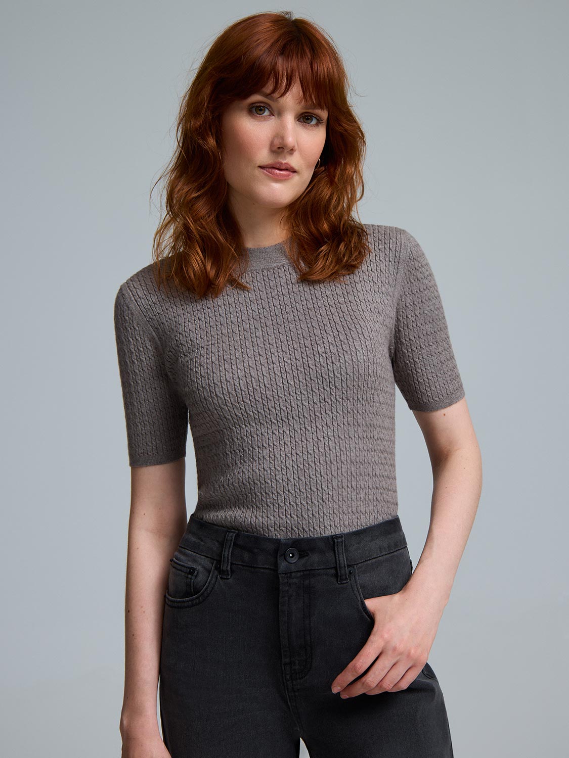 Short Sleeve Cable Knit Sweater