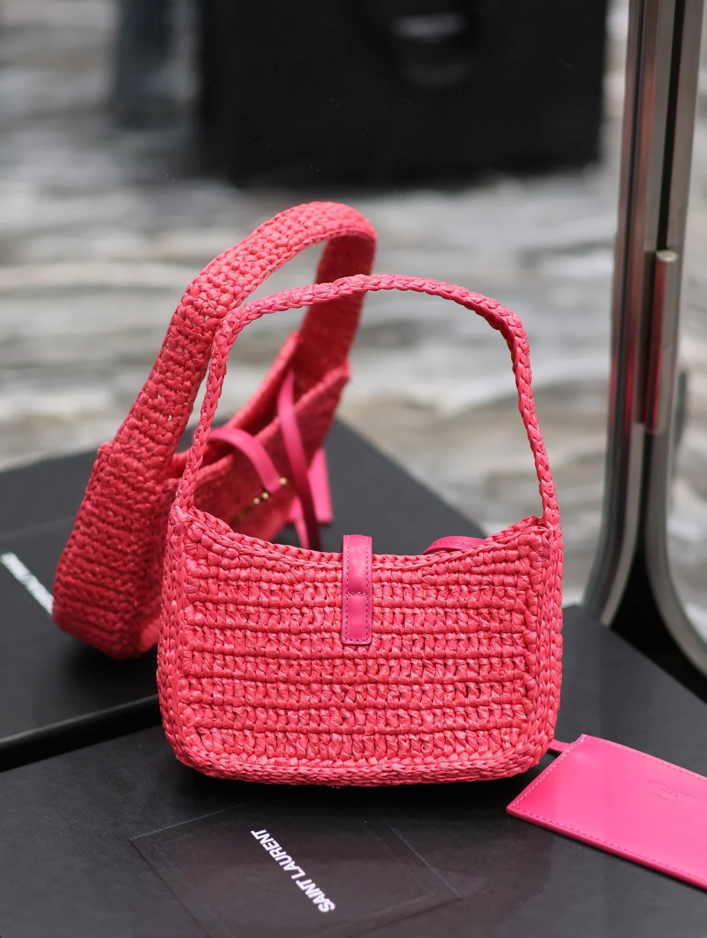 YSL Le 5 _ 7 Mini In Raffia Pink - 19 X 11.5 X 4.5 CM