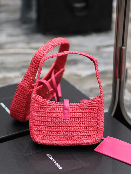 YSL Le 5 _ 7 Mini In Raffia Pink - 19 X 11.5 X 4.5 CM