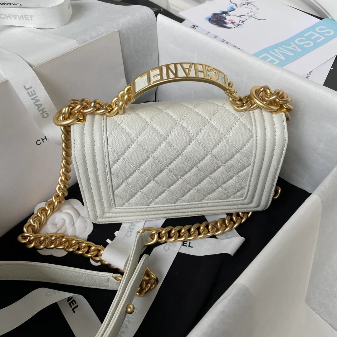 CC Boy Flap Bag with Handle Grained Shiny Calfskin & Gold-Tone Metal White 20 x 12 x 7cm