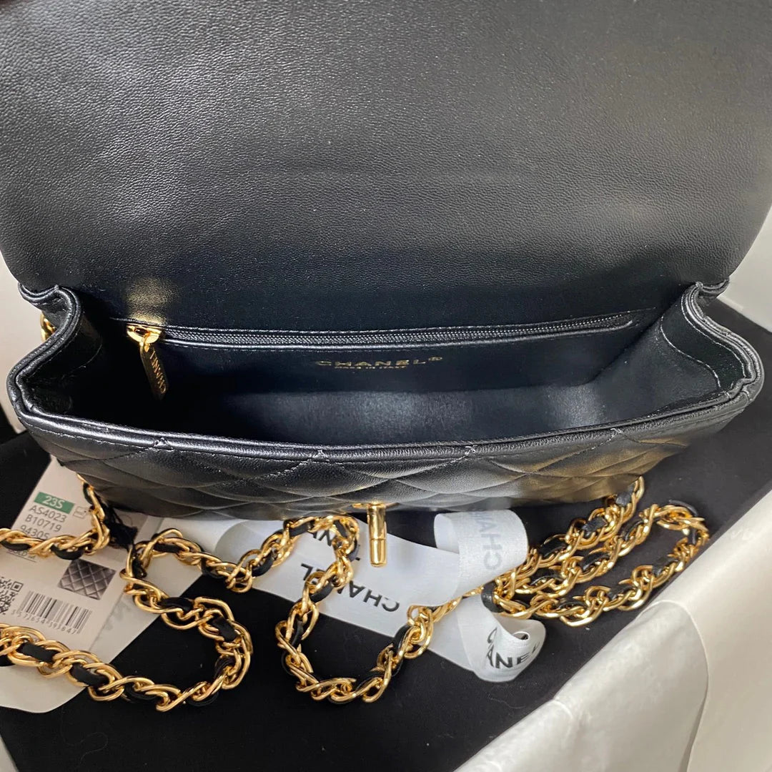 Chanel Flap Bag Gold Top Handle Black - 13X21X8cm