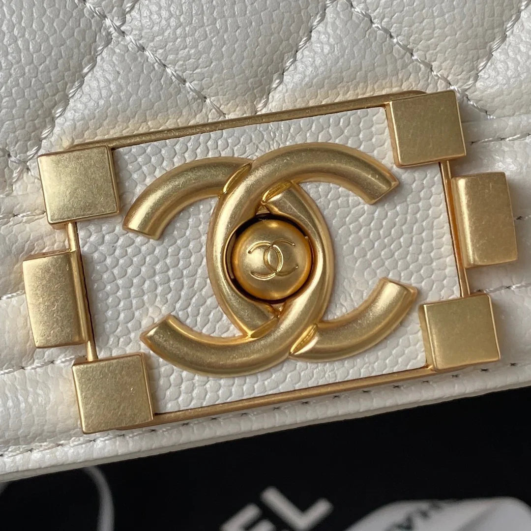 CC Boy Flap Bag with Handle Grained Shiny Calfskin & Gold-Tone Metal White 20 x 12 x 7cm