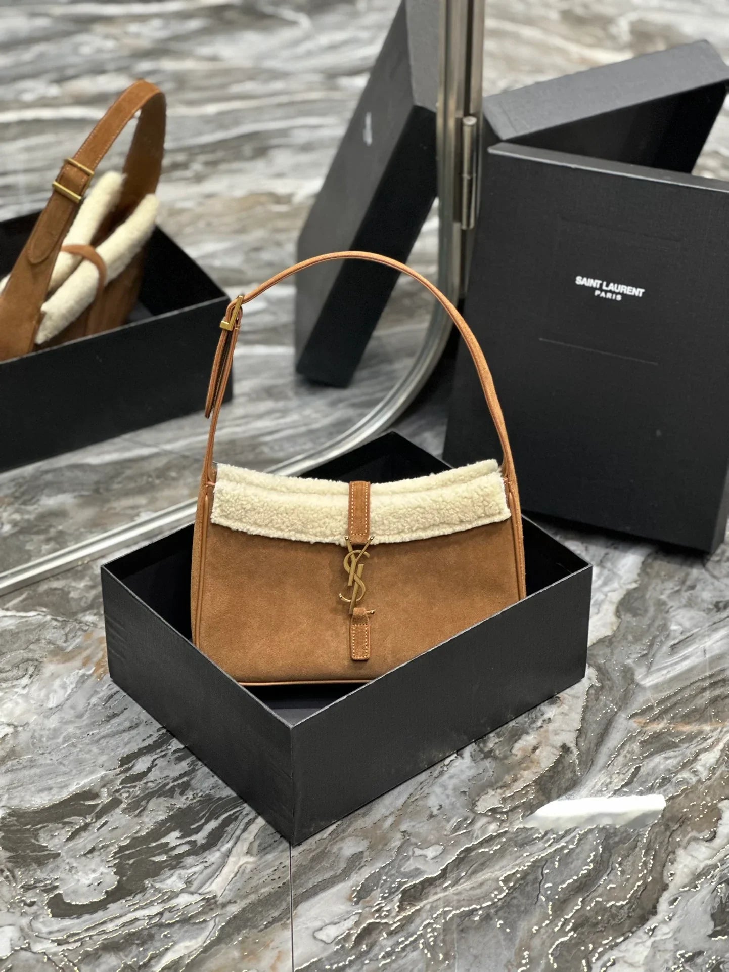 YSL Le5_7 Hobo Shearling Suede Shoulder Bag 25x14x6cm