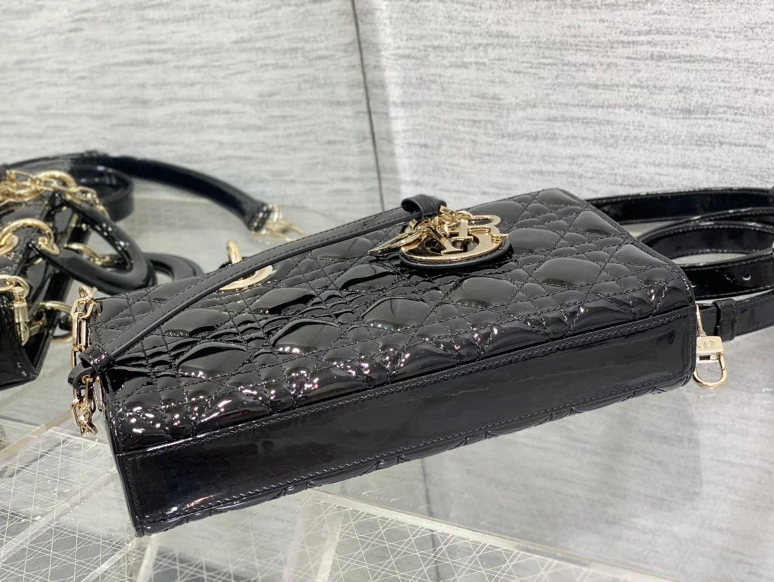 Dior Lady D-Joy Medium Patent Black Leather Bag - 26x6x14cm