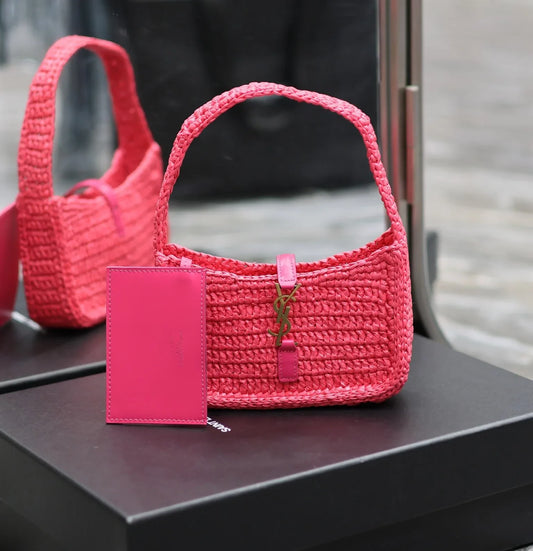 YSL Le 5 _ 7 Mini In Raffia Pink - 19 X 11.5 X 4.5 CM