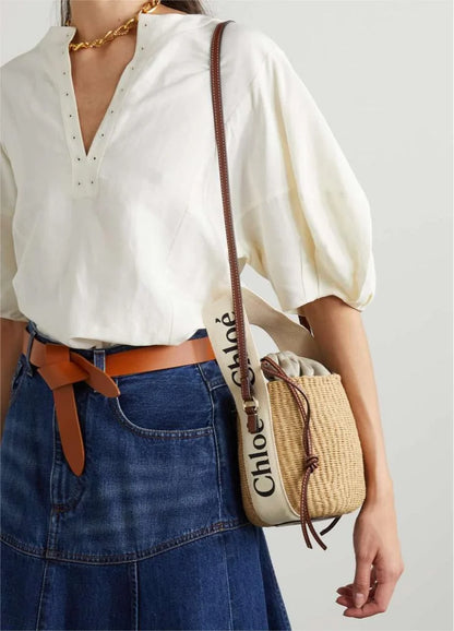 CHLO_ Woody small leather-trimmed raffia basket bag