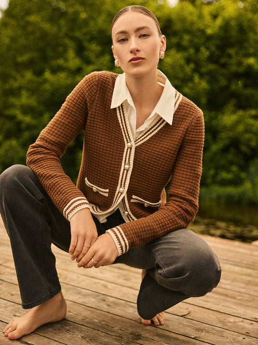 Contrast Trim V-Neck Ribbed Cardigan