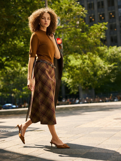 Belted Plaid Midi Skirt