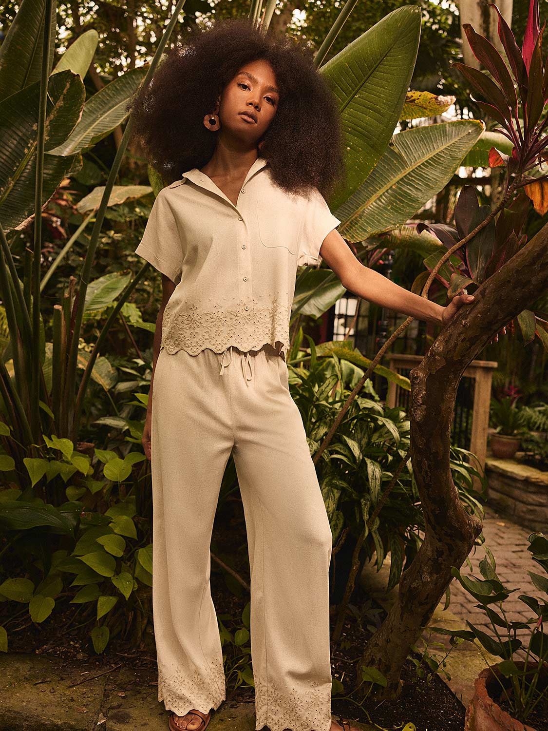 Wide Leg Linen Pant With Embroidered Hem