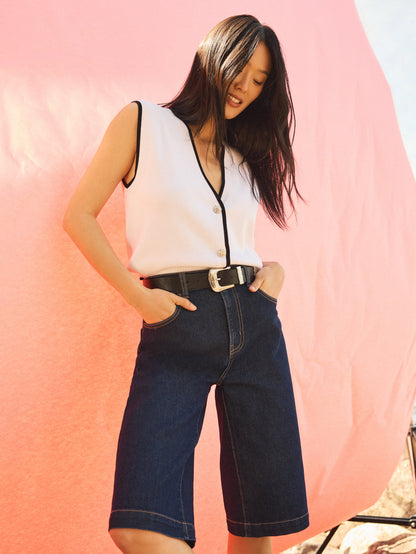 Wide-Leg Denim Bermuda Shorts