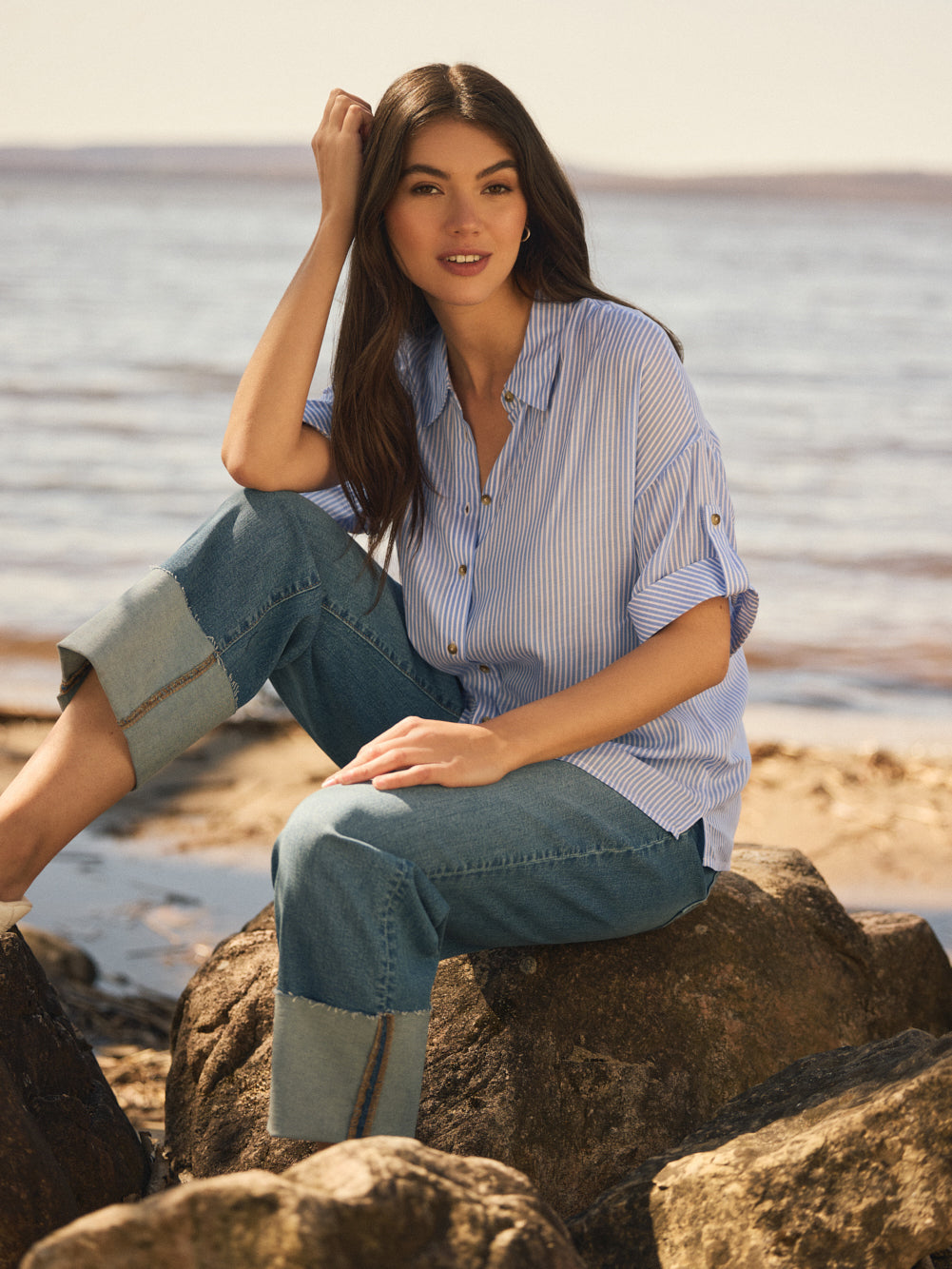 Cropped Straight Leg Cuffed Jeans