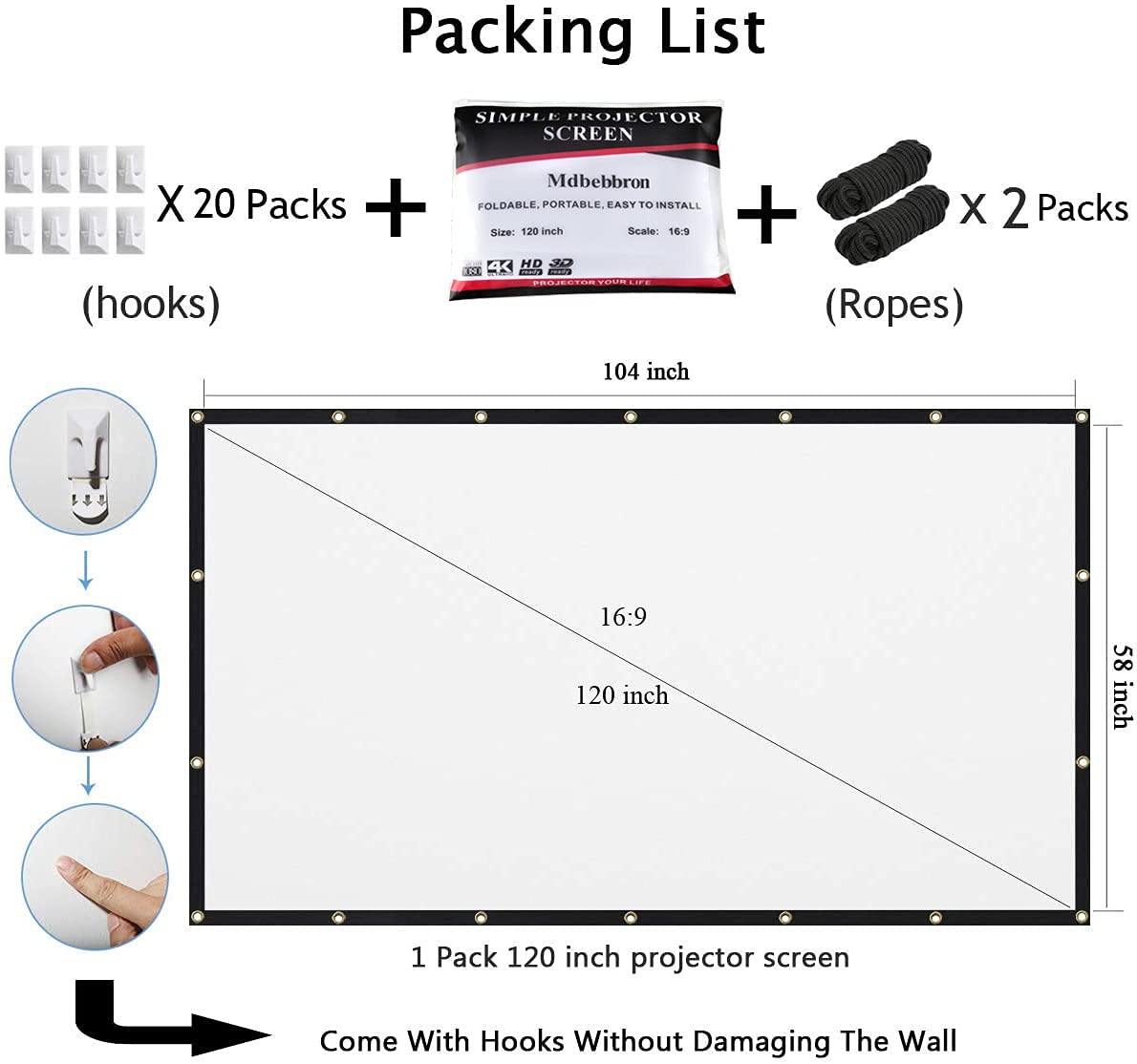 120 inch Projector Screen 16:9 Foldable Anti-Crease Portable Projector Movies Screens for Home Theater Outdoor Indoor Support Double Sided Projection