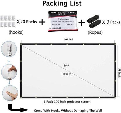120 inch Projector Screen 16:9 Foldable Anti-Crease Portable Projector Movies Screens for Home Theater Outdoor Indoor Support Double Sided Projection