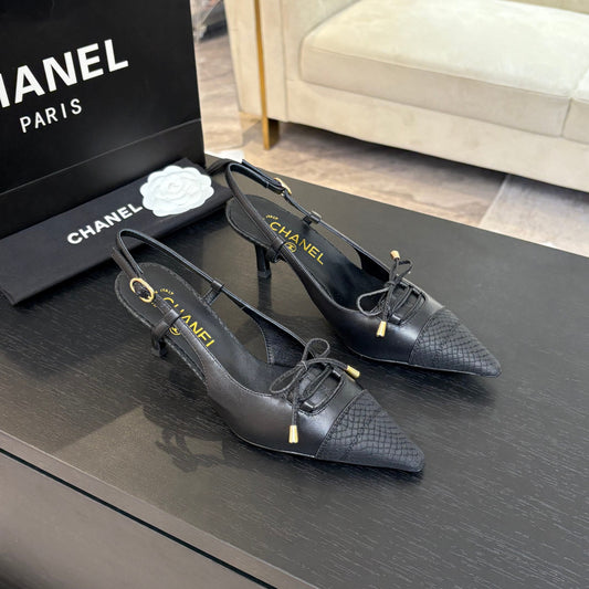 HIGH HEEL SLINGBACKS 65 MM IN BLACK WITH SNAKESKIN PATTERN LAMBSKIN