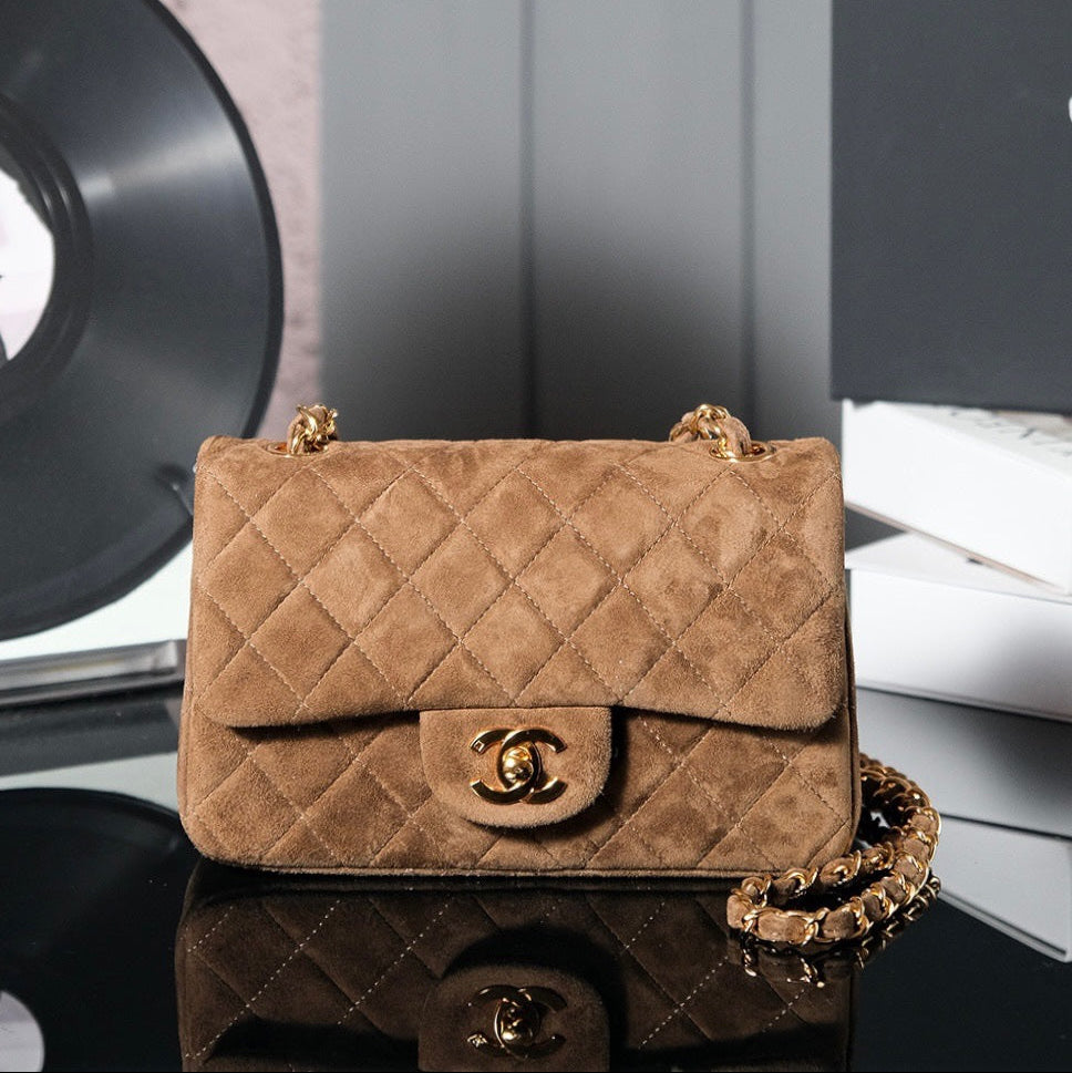Classic Flap Bag 20cm Brown Suede Gold Hardware